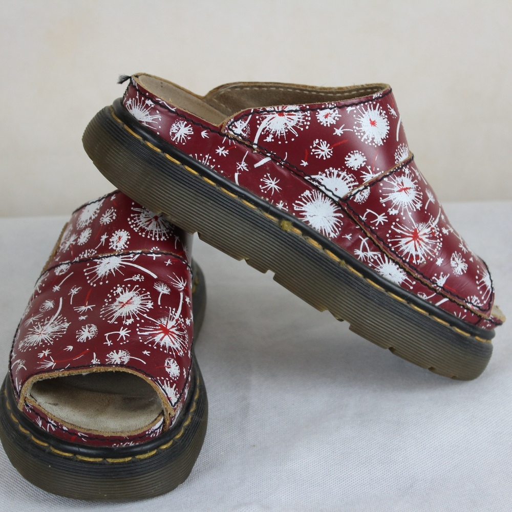 Dr Martens Leather Red Dandelion Slide Shoes Sz 6